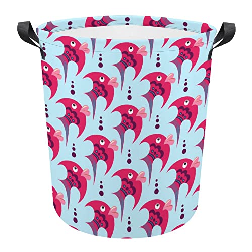 Pink Cartoon Fish Foldable Laundry Basket Waterproof Hamper Storage Bin Bag with Handle 16.5"x 16.5"x 17"