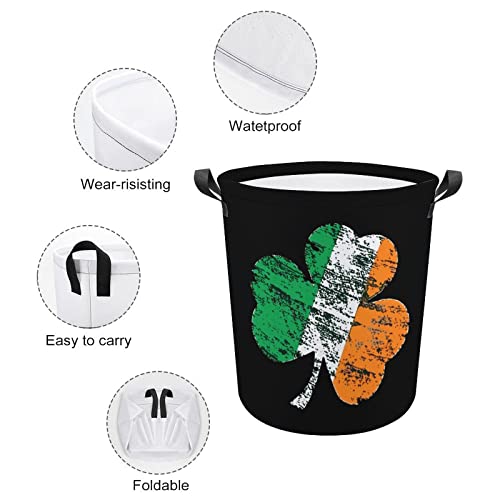 Irish Shamrock Foldable Laundry Basket Waterproof Hamper Storage Bin Bag with Handle 16.5"x 16.5"x 17"