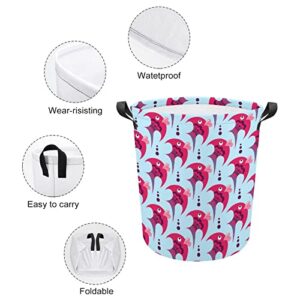 Pink Cartoon Fish Foldable Laundry Basket Waterproof Hamper Storage Bin Bag with Handle 16.5"x 16.5"x 17"