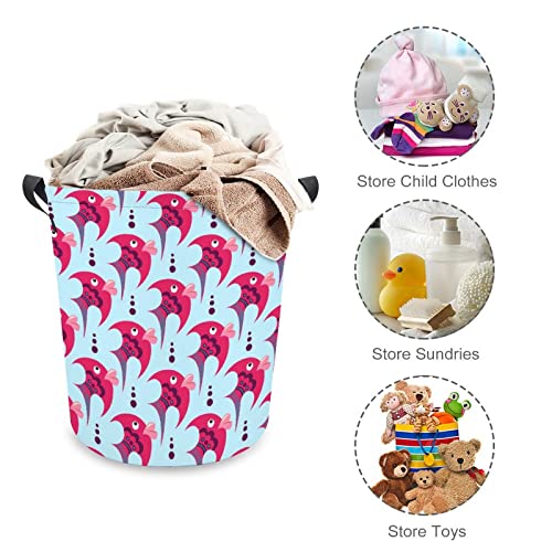 Pink Cartoon Fish Foldable Laundry Basket Waterproof Hamper Storage Bin Bag with Handle 16.5"x 16.5"x 17"