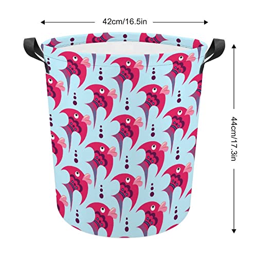 Pink Cartoon Fish Foldable Laundry Basket Waterproof Hamper Storage Bin Bag with Handle 16.5"x 16.5"x 17"