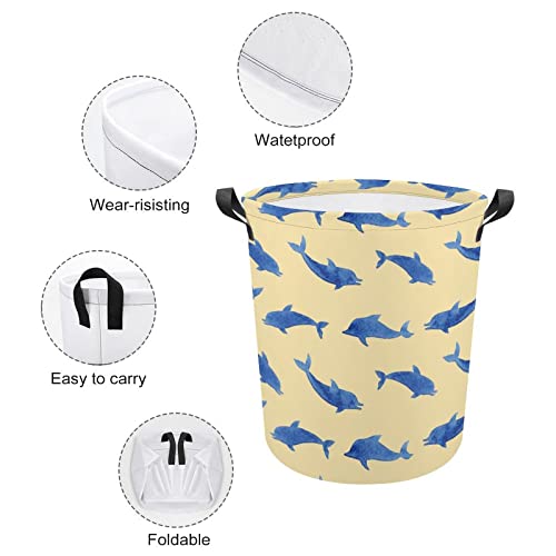 Dolphins Pattern Foldable Laundry Basket Waterproof Hamper Storage Bin Bag with Handle 16.5"x 16.5"x 17"