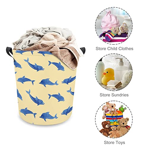 Dolphins Pattern Foldable Laundry Basket Waterproof Hamper Storage Bin Bag with Handle 16.5"x 16.5"x 17"