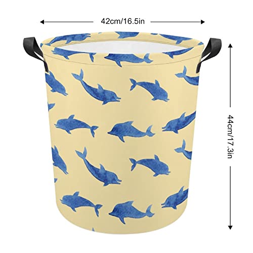 Dolphins Pattern Foldable Laundry Basket Waterproof Hamper Storage Bin Bag with Handle 16.5"x 16.5"x 17"