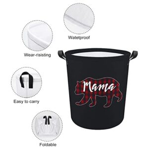 Mama Bear Plaid Foldable Laundry Basket Waterproof Hamper Storage Bin Bag with Handle 16.5"x 16.5"x 17"
