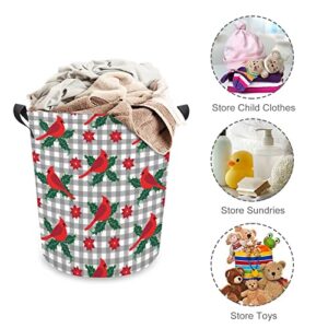 Cardinal Bird Holly Leaves and Poinsettia Flowers Foldable Laundry Basket Waterproof Hamper Storage Bin Bag with Handle 16.5"x 16.5"x 17"