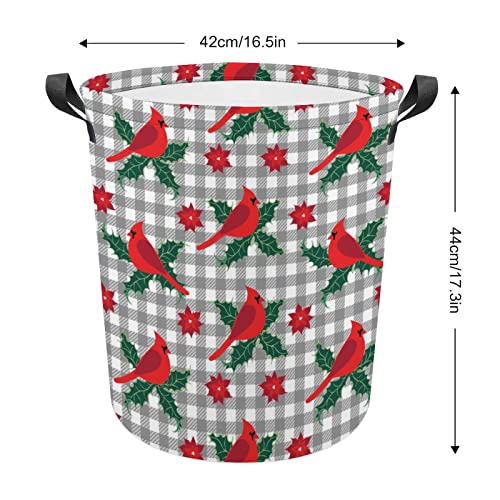 Cardinal Bird Holly Leaves and Poinsettia Flowers Foldable Laundry Basket Waterproof Hamper Storage Bin Bag with Handle 16.5"x 16.5"x 17"