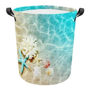 starfish coral and seashell on beach foldable laundry basket waterproof hamper storage bin bag with handle 16.5"x 16.5"x 17"