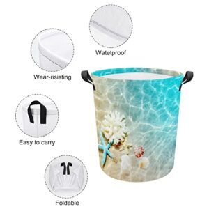 Starfish Coral and Seashell on Beach Foldable Laundry Basket Waterproof Hamper Storage Bin Bag with Handle 16.5"x 16.5"x 17"