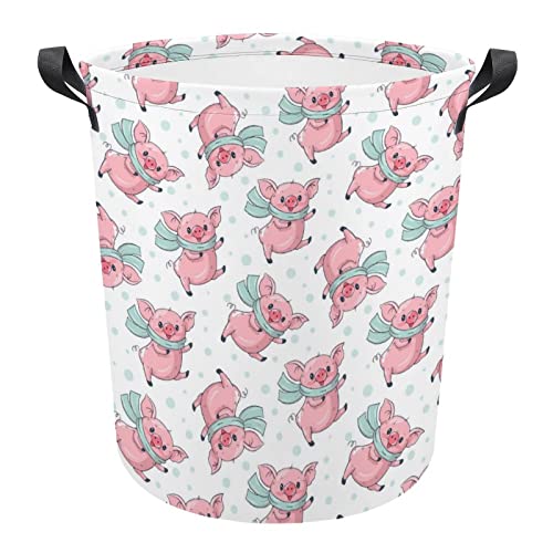 Cute Cartoon Pigs Foldable Laundry Basket Waterproof Hamper Storage Bin Bag with Handle 16.5"x 16.5"x 17"