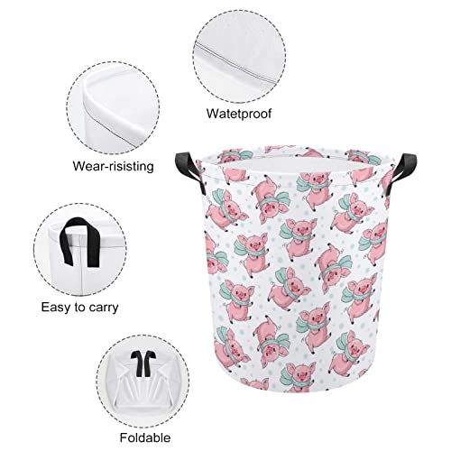 Cute Cartoon Pigs Foldable Laundry Basket Waterproof Hamper Storage Bin Bag with Handle 16.5"x 16.5"x 17"