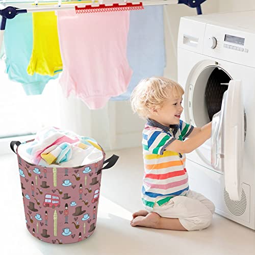 United Kingdom Pattern Foldable Laundry Basket Waterproof Hamper Storage Bin Bag with Handle 16.5"x 16.5"x 17"