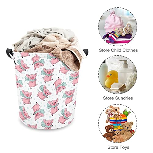 Cute Cartoon Pigs Foldable Laundry Basket Waterproof Hamper Storage Bin Bag with Handle 16.5"x 16.5"x 17"