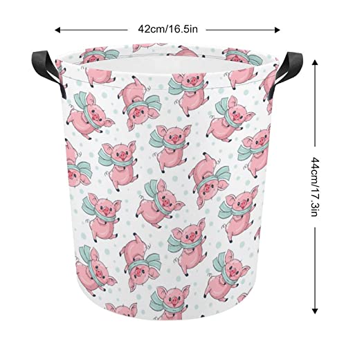 Cute Cartoon Pigs Foldable Laundry Basket Waterproof Hamper Storage Bin Bag with Handle 16.5"x 16.5"x 17"