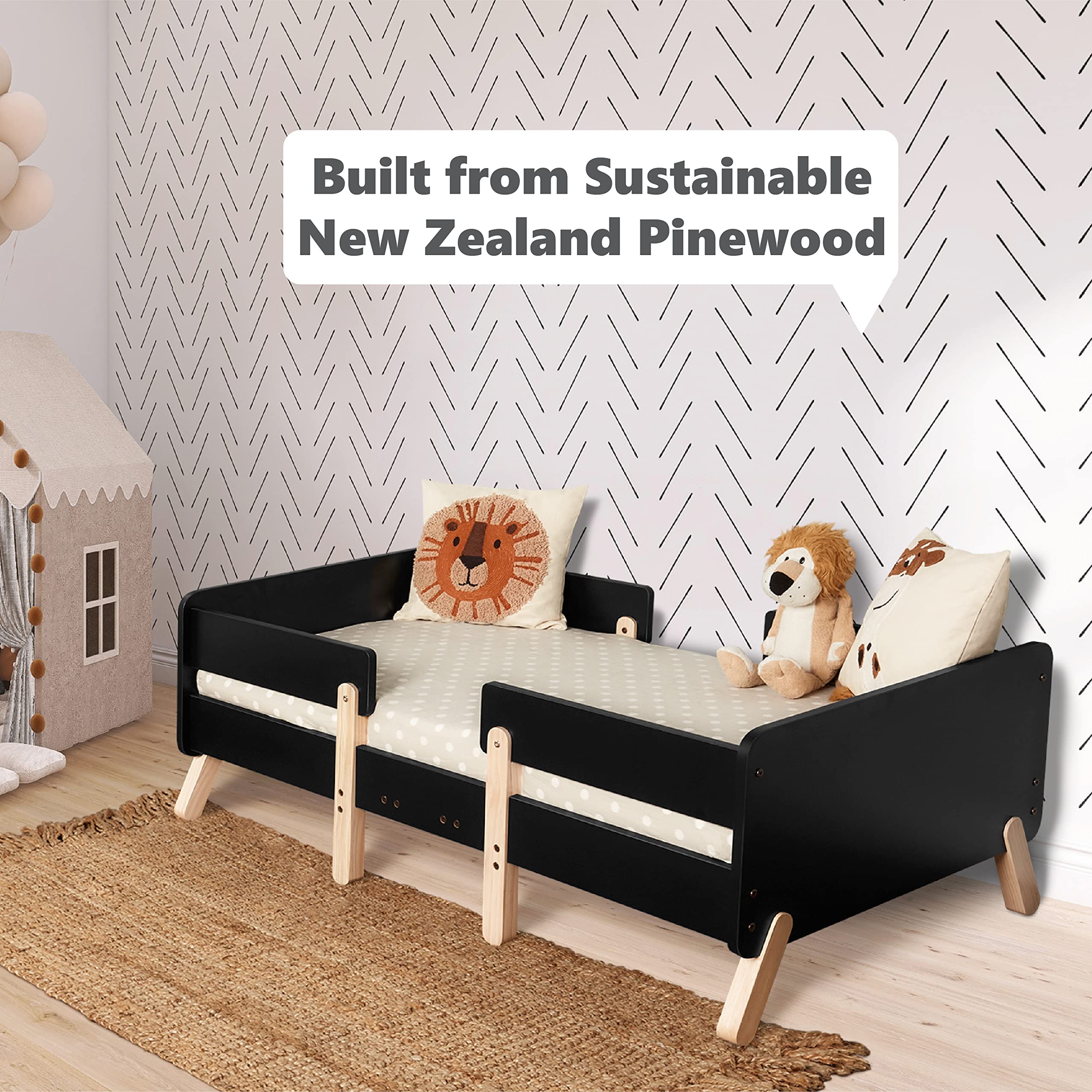 Dream On Me JPMA & Greenguard Gold Certified Osko Convertible Toddler Bed Made with Sustainable New Zealand Pinewood in Black, Non-Toxic Finish