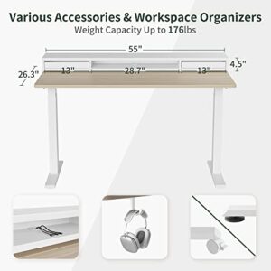 FEZIBO 55 × 26 Inch Electric Standing Desk with Monitor Stand, Height Adjustable Table with LED Strips, Ergonomic Home Office Furniture with 2 Drawers Storage Gaming Workstation, Light Walnut Top