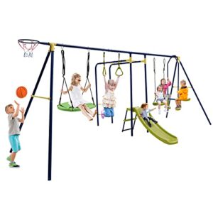 costzon 660 lbs swing sets for backyard, 7-in-1 heavy duty extra large metal swing frame w/2 swings, glider, gym rings, slide, monkey bar, basketball hoop, play equipment for indoor outdoor gift kids