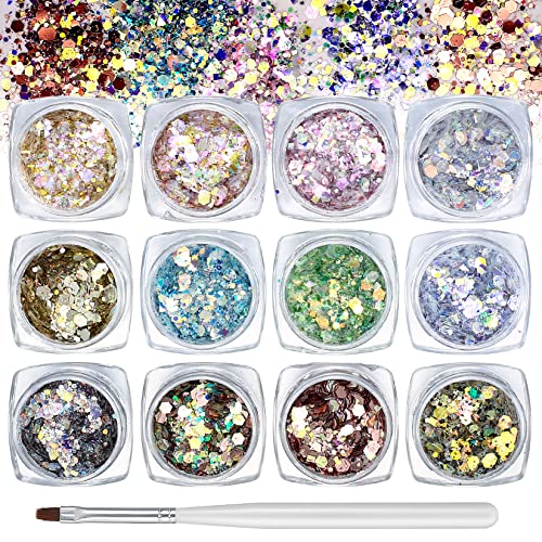 12 Colors Holographic Chunky Glitter Set, Makeup Face Body Eyeshadow Lips Hair Nails Cosmetic Festival Glitter for Hair, Face, Nail, Eyes, Eyeshadow, Cosmetics, Arts, Glitter, with 1 x Brush