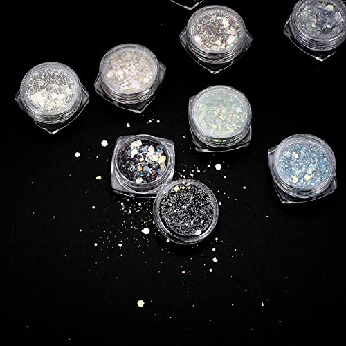 12 Colors Holographic Chunky Glitter Set, Makeup Face Body Eyeshadow Lips Hair Nails Cosmetic Festival Glitter for Hair, Face, Nail, Eyes, Eyeshadow, Cosmetics, Arts, Glitter, with 1 x Brush