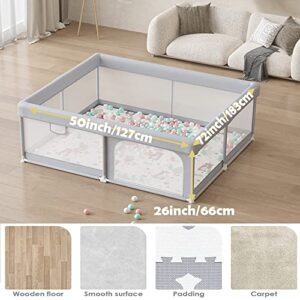Baby Playpen, Large Baby Play Yard, Baby Playpen for Toddler, Playpen for Babies with Soft Breathable Mesh, Indoor & Outdoor Playard for Kids Activity Center, Kid's Fence, Grey (50 x 72 Inch)