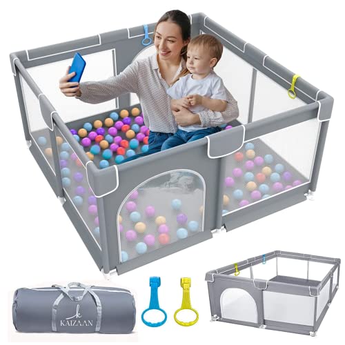 KAIZAAN Baby Playpen, Large Baby Play Yards Featuring Mesh Panels and Baby Gate Playpen, Playpen for Babies and Toddlers, Keep Your Little one Safe & Happy with Our Foldable PlayPin(Gray,50”×50”)