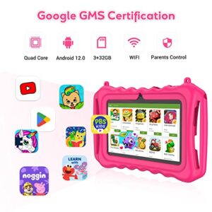 Kids Tablet, 7 inch Tablet for Kids 3GB RAM 32GB ROM, Android 12.0 Toddler Tablet with Dual Camera, WiFi, Bluetooth, Parental Control, Shockproof Case, YouTube, Netflix, Children Tablet for Toddlers