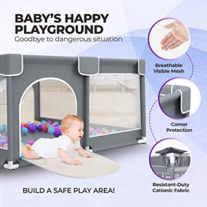 KAIZAAN Baby Playpen, Large Baby Play Yards Featuring Mesh Panels and Baby Gate Playpen, Playpen for Babies and Toddlers, Keep Your Little one Safe & Happy with Our Foldable PlayPin(Gray,50”×50”)