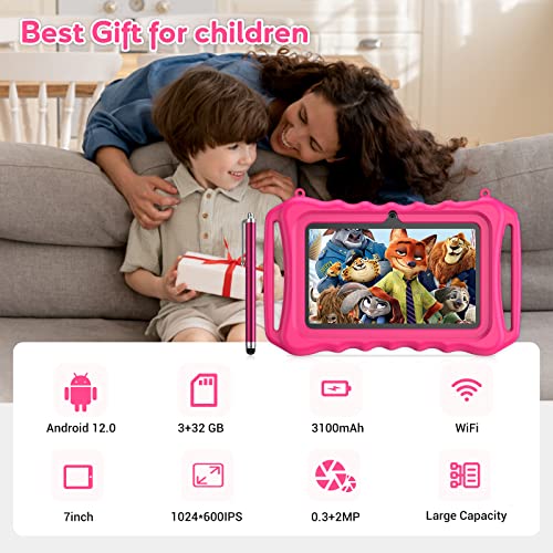 Kids Tablet, 7 inch Tablet for Kids 3GB RAM 32GB ROM, Android 12.0 Toddler Tablet with Dual Camera, WiFi, Bluetooth, Parental Control, Shockproof Case, YouTube, Netflix, Children Tablet for Toddlers