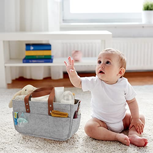 Hbluefat Baby Diaper Caddy Organizer with Leather Shoulder Strap for Infant Boy Girl, Collapsible Portable Nursery Storage Bin Basket Portable Holder Tote Bag for Car Baby Shower, Newborn Essential