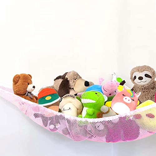 PLS Stuffed Animal Toy Hammock Net for Wall Hanging Plush Toy Storage and Kids Room Organization for Girls Room in Pink