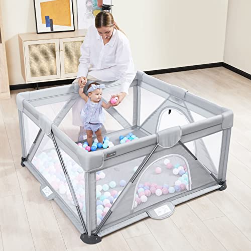 ANGELBLISS Baby Playpen, Foldable Playpen for Babies and Toddlers, Indoor & Outdoor Baby Activity Center with Visible Breathable Mesh, Portable Play Yard with 2 Handlers+50 Balls-50”×50”（Grey）