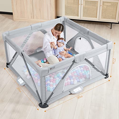 ANGELBLISS Baby Playpen, Foldable Playpen for Babies and Toddlers, Indoor & Outdoor Baby Activity Center with Visible Breathable Mesh, Portable Play Yard with 2 Handlers+50 Balls-50”×50”（Grey）