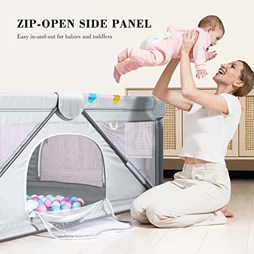 ANGELBLISS Baby Playpen, Foldable Playpen for Babies and Toddlers, Indoor & Outdoor Baby Activity Center with Visible Breathable Mesh, Portable Play Yard with 2 Handlers+50 Balls-50”×50”（Grey）