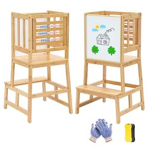cosyland kids kitchen step stool with safety rail -toddler kitchen stool helper montessori kids learning stool,baby standing tower for counter, multi-function with abacus and whiteboard