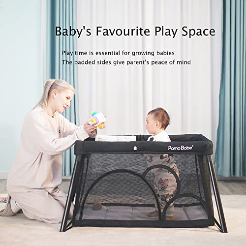 Pamo Babe Portable Crib for Baby Lightweight Playpen, Foldable Travel Playard with Comfortable Mattress for Babies to Toddler (Black)