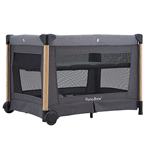 Pamo Babe Deluxe Baby Playard with Foldable Mattress, Large Changing Table，Detachable Childcare Center (Black)