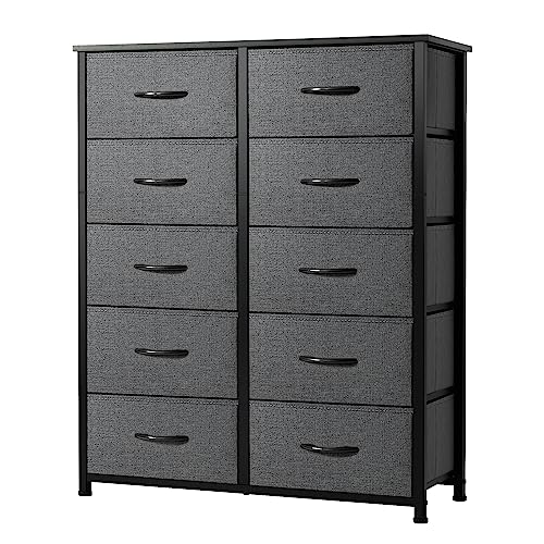 AZL1 Life Concept 10 Drawer Dresser - Fabric Storage Tower, Organizer Unit for Bedroom, Living Room, Hallway, Closets & Nursery - Sturdy Steel Frame, Wooden Top & Easy Pull Fabric Bins, Dark Grey