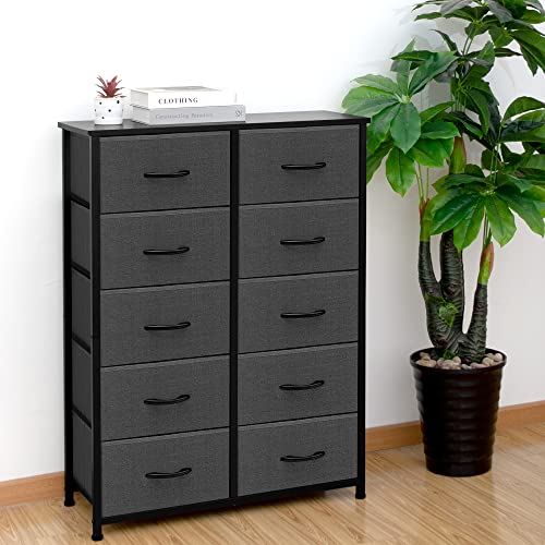 AZL1 Life Concept 10 Drawer Dresser - Fabric Storage Tower, Organizer Unit for Bedroom, Living Room, Hallway, Closets & Nursery - Sturdy Steel Frame, Wooden Top & Easy Pull Fabric Bins, Dark Grey