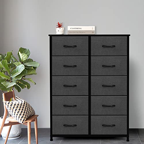 AZL1 Life Concept 10 Drawer Dresser - Fabric Storage Tower, Organizer Unit for Bedroom, Living Room, Hallway, Closets & Nursery - Sturdy Steel Frame, Wooden Top & Easy Pull Fabric Bins, Dark Grey