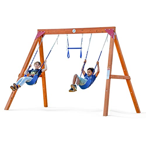Dolphin Playground DIY Swing Sets for Backyard, Wooden Swing Set Outdoor for Kids with Trapeze Swing Bar and 2 Belt Swings, Heavy Duty Playground Accessories, Suitable for Any Swing Replacements