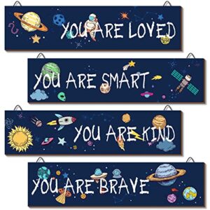 4 pieces boys room décor, kids outer space room wall décor, children bedroom wall décor, space themed bedroom décor, 11.8 * 3 inches