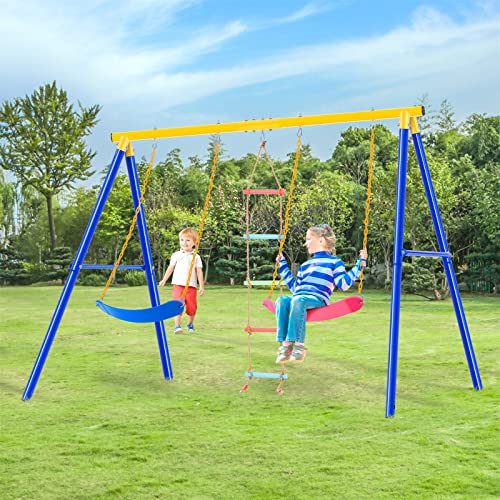 Swing Set for Backyard, 3 in 1 Metal Kids Swing Sets with 2 Pack Swings Seats and Climbing Ladder Playset for Children and Adult Indoor Outdoor Activity Playground Park