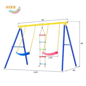 Swing Set for Backyard, 3 in 1 Metal Kids Swing Sets with 2 Pack Swings Seats and Climbing Ladder Playset for Children and Adult Indoor Outdoor Activity Playground Park