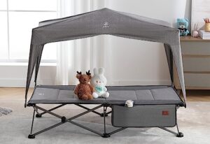 ever advanced portable deluxe toddler sleeping cot with canopy, foldable kids camping cot travel bed, with carry bag, for indoor & outdoor,140lbs, grey