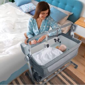 gjcos electric rocking bedside bassinet (grey) - 4 in 1 automatic swaying mesh baby bassinet bedside sleeper with 5 swing motions, 3 timer setting & bluetooth music control - co sleeper bassinet