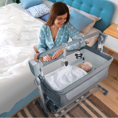 GJCOS Electric Rocking Bedside Bassinet (Grey) - 4 in 1 Automatic Swaying Mesh Baby Bassinet Bedside Sleeper with 5 Swing Motions, 3 Timer Setting & Bluetooth Music Control - Co Sleeper Bassinet