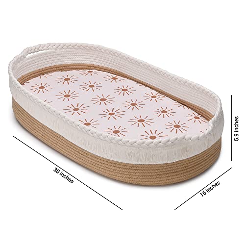 Baby Changing Basket - Handmade Cotton Rope Basket - Moses Table Topper – Includes Thick Foam Pad, Removable Waterproof Mattress Cover and Gender-Neutral Muslin Sheet - Diaper Changing Station