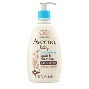 aveeno baby daily moisturizing 2-in-1 wash & shampoo, baby body wash & shampoo with shea butter & oat extract gently cleanses baby's sensitive skin & scalp, gentle coconut scent, 12 fl. oz