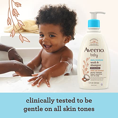 Aveeno Baby Daily Moisturizing 2-in-1 Wash & Shampoo, Baby Body Wash & Shampoo with Shea Butter & Oat Extract Gently Cleanses Baby's Sensitive Skin & Scalp, Gentle Coconut Scent, 12 fl. Oz