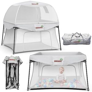 grownsy baby playpen, foldable indoor outdoor playpen with canopy, portable playpen for babies and toddlers, play yard for indoor/outdoor, lightweight and sturdy, 48×48 inch, grey.